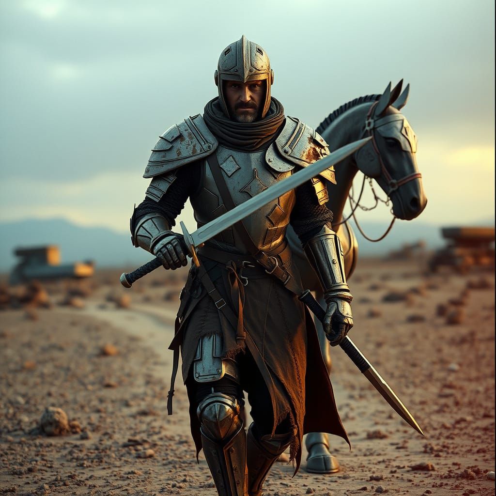 Futuristic Knight in Post-Apocalyptic Wasteland