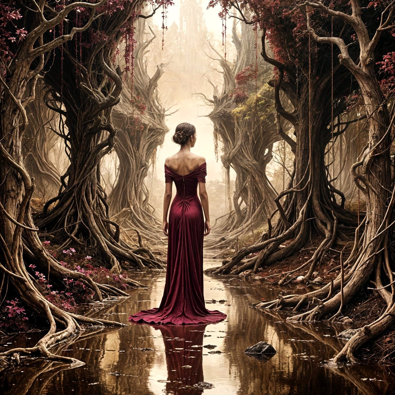 A surreal artwork in a deep, burgundy crimson and pale, anti...