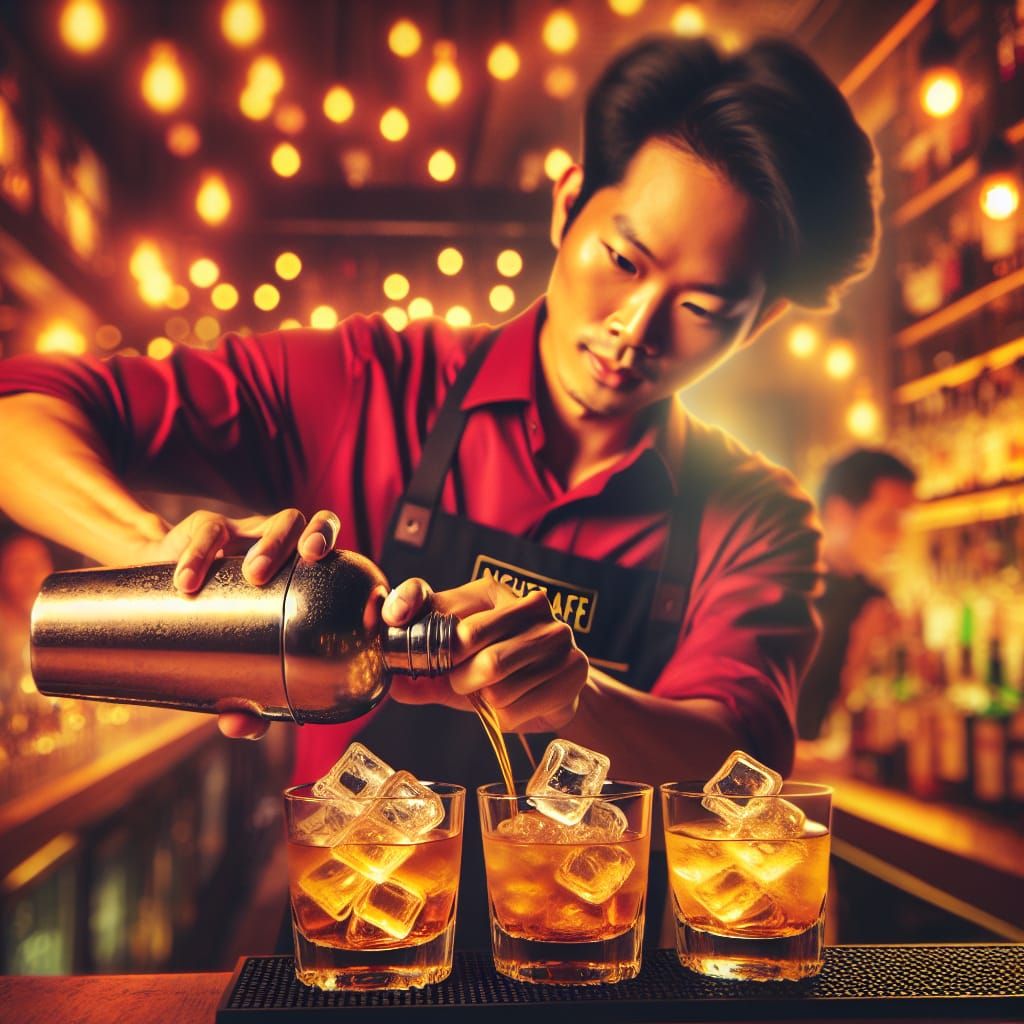 Bustling Bar Scene with Bartender Pouring Whiskey