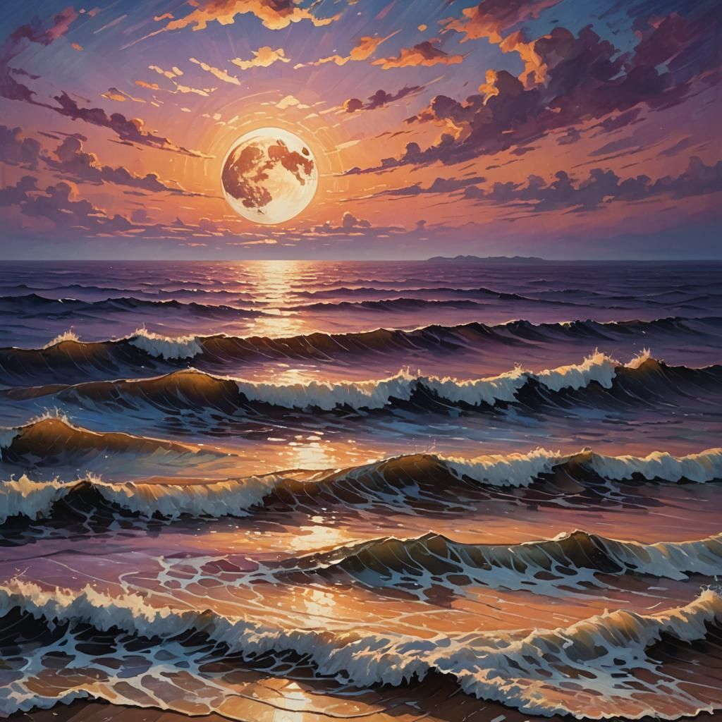 Neo-Impressionistic Sunset Over Ocean With Moon