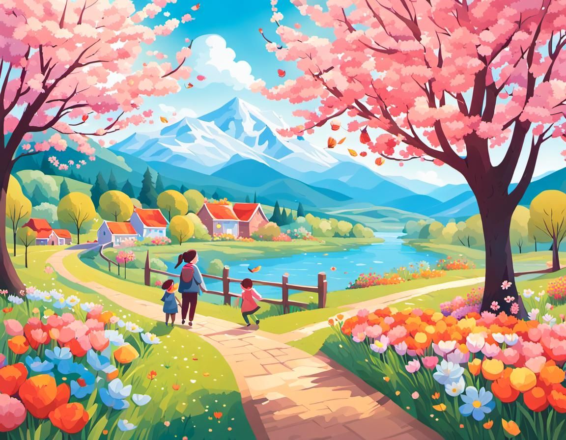 Cheerful Spring Illustrations: Flowers, Trees, and Vibrant C...