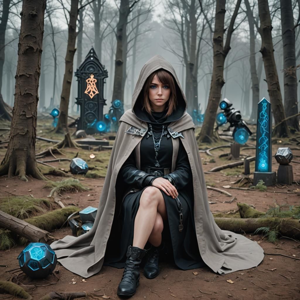 Cyberpunk Pagan: Woman at Runic Altar