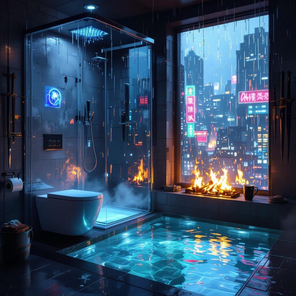 Futuristic Bathroom Overlooking Rainy City with Neon Lights