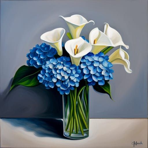 Floral Still Life: Blue Hydrangeas and White Lilies