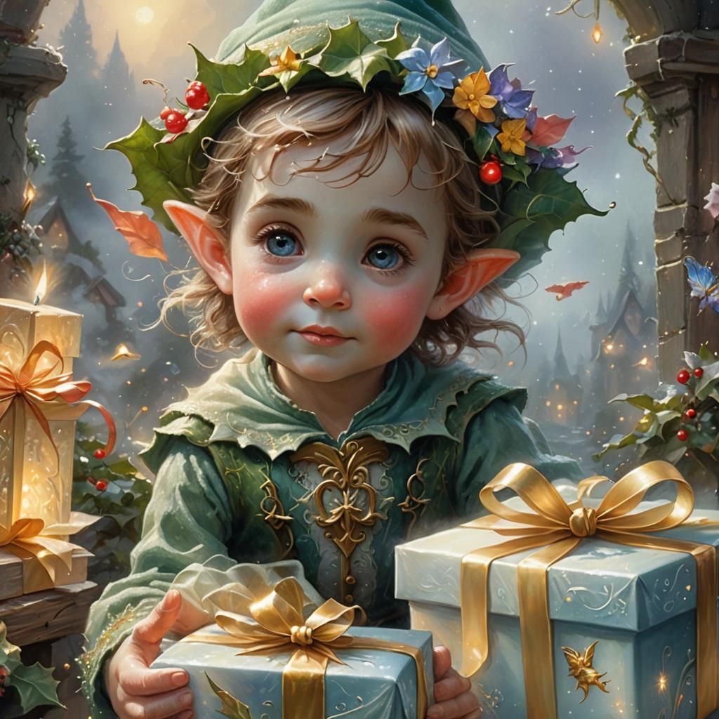 Baby Elf with Gift Box in Ethereal Style