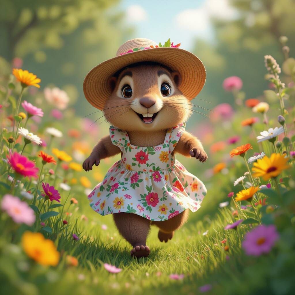 Groundhog in Floral Dress: Vibrant CGI Garden Scene