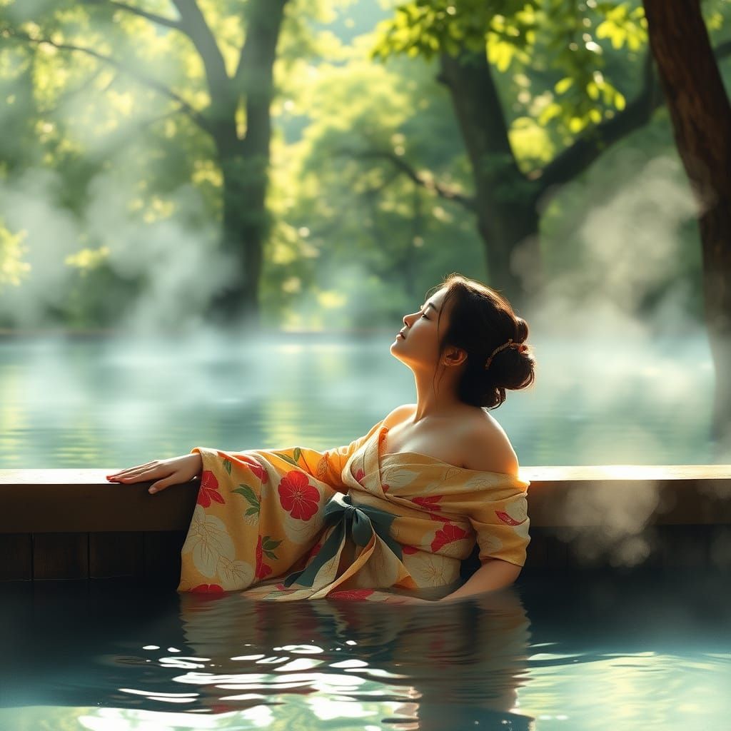 Serene Woman in Natural Hot Spring