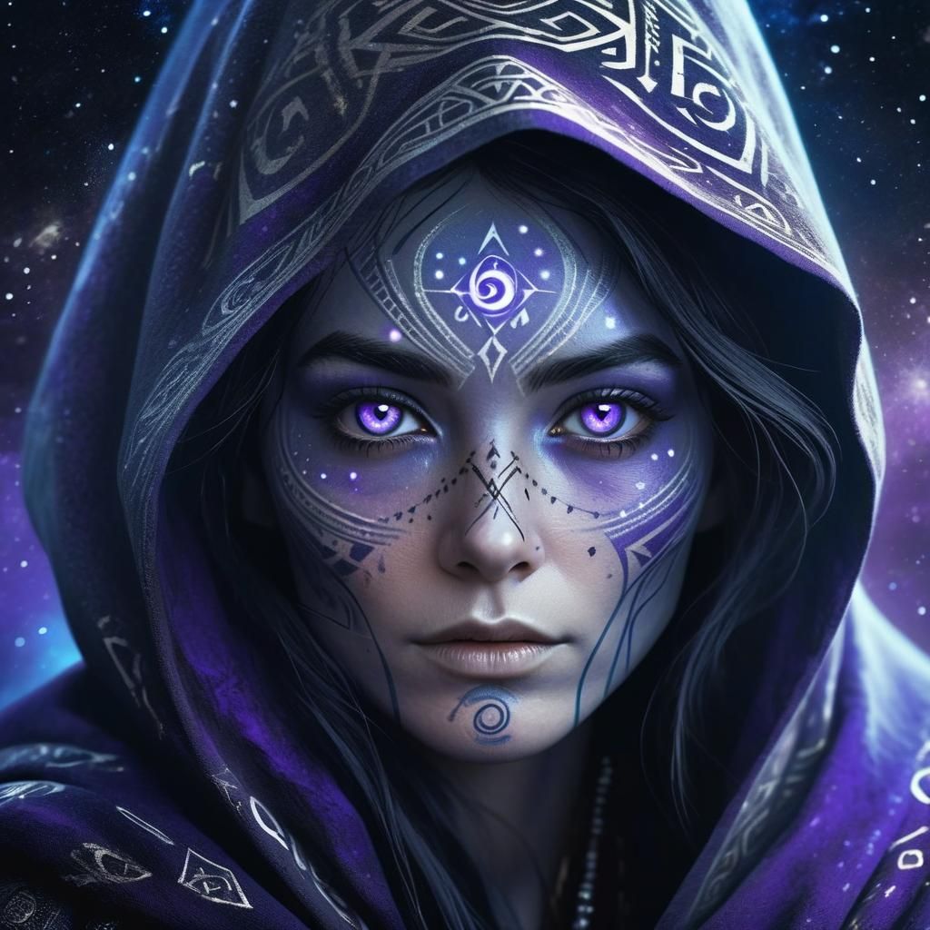 Mysterious Sorceress with Starry Cloak and Glowing Eyes