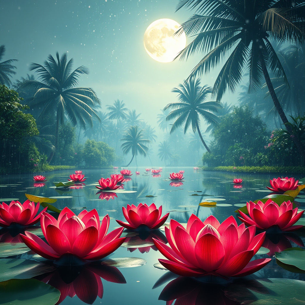 Red Lotus Lake Under Moonlight: Fantasy Concept Art