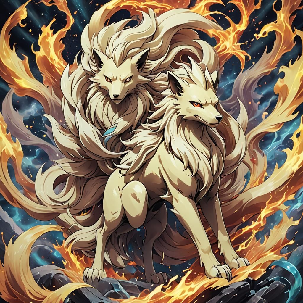 Ninetales Pokemon in Anime Cel-Shaded Style