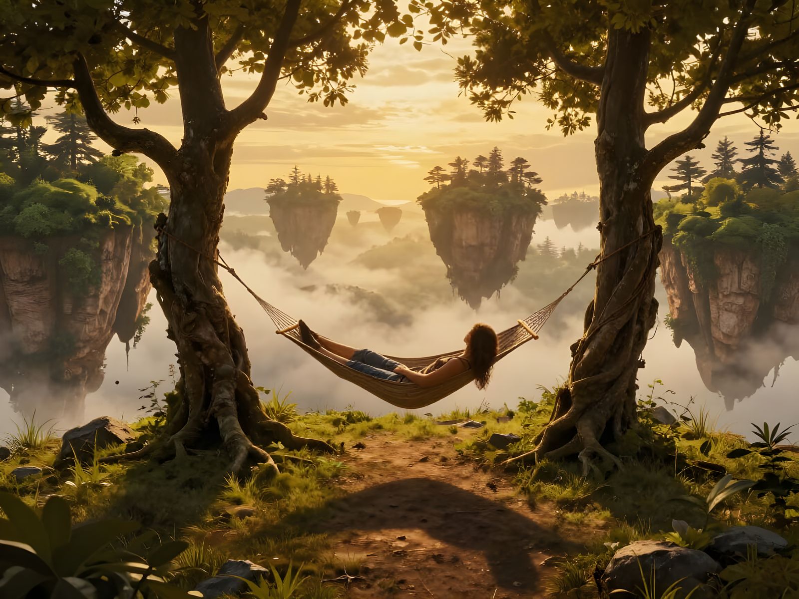 Person in Hammock on Floating Island at Golden Hour
