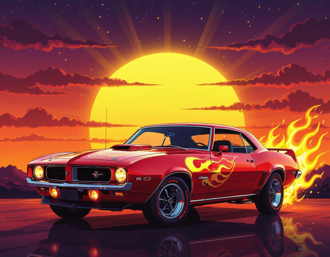 Fire Red 1969 Trans Am with Sunset Backdrop