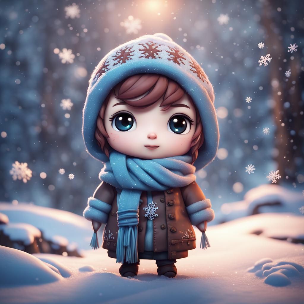 Chibi Winter Scene with Snowflakes