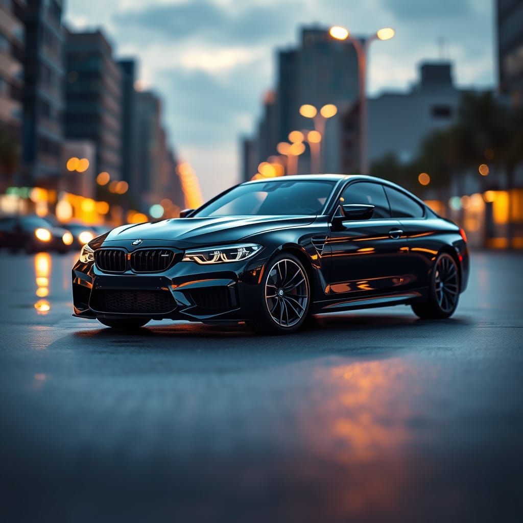 Sleek Black BMW M Series in Cityscape Scene
