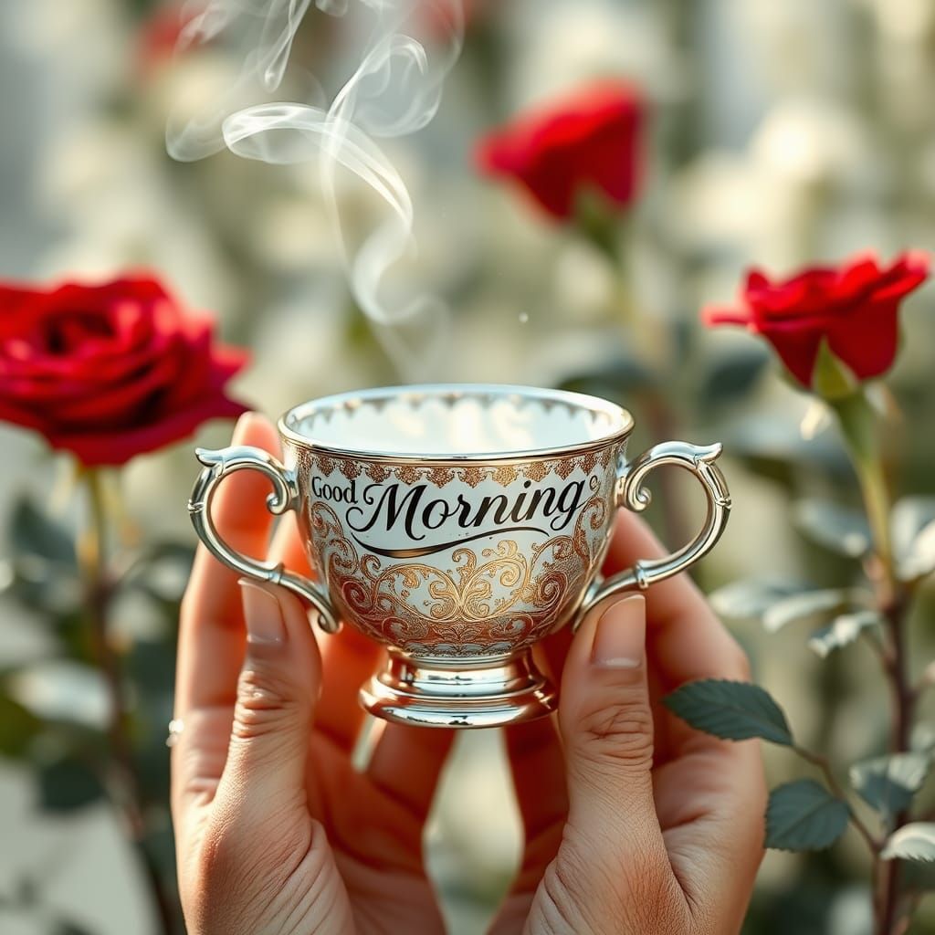 Ornate Silver Coffee Cup in Lush Garden Setting