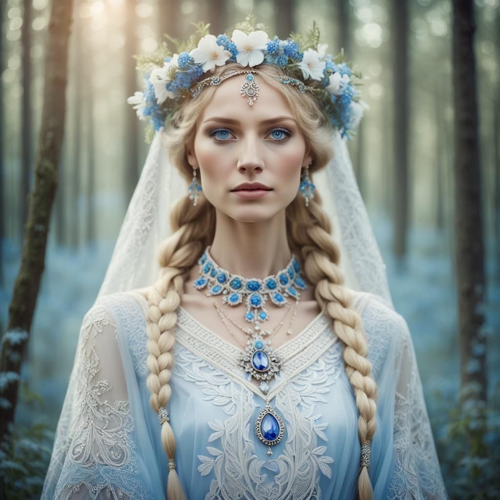 Slavic Woman in Forest Glade, Folk Art Style