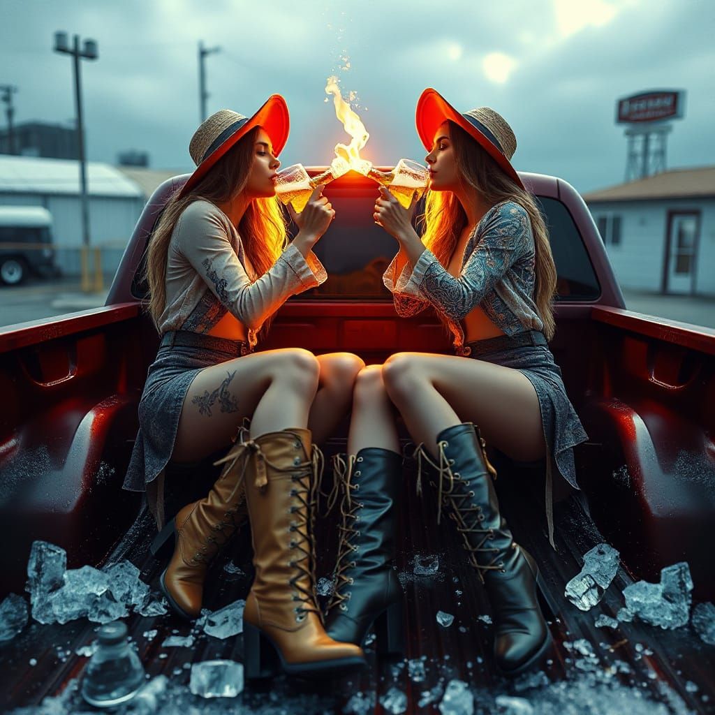 Gorgeous Women Enjoy Beer in Truck Bed Scene, Fantasy Concep...