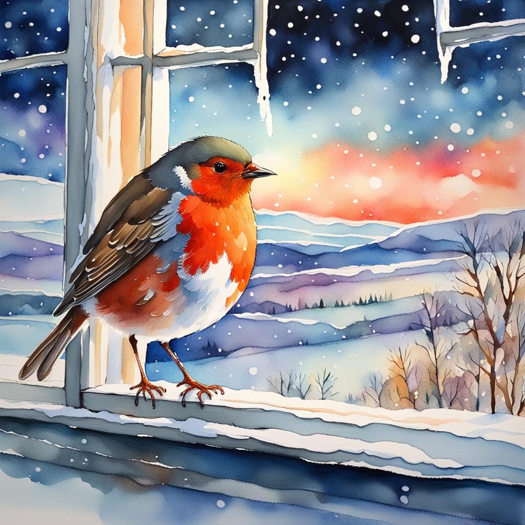 Robin at Christmas Window in Impressionist Watercolour