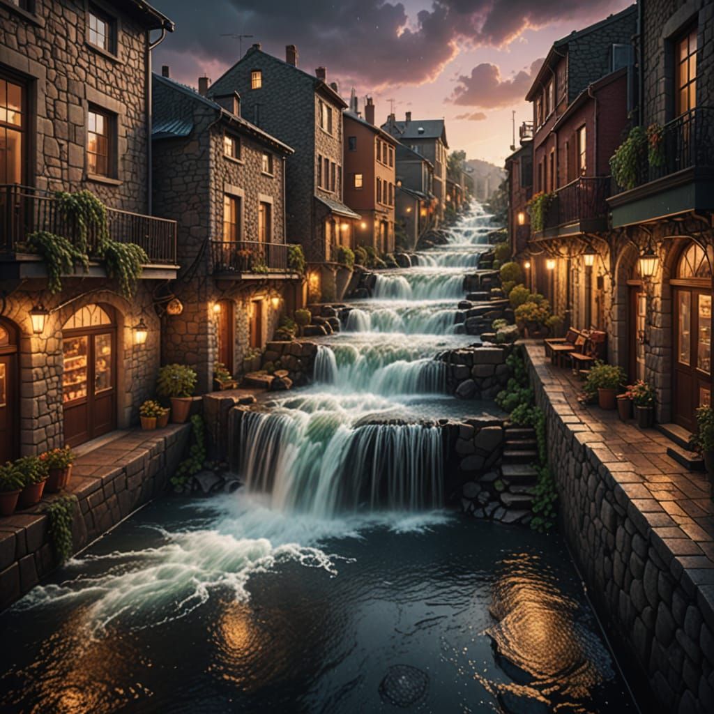 Surreal River Waterfall Flows Down City Street