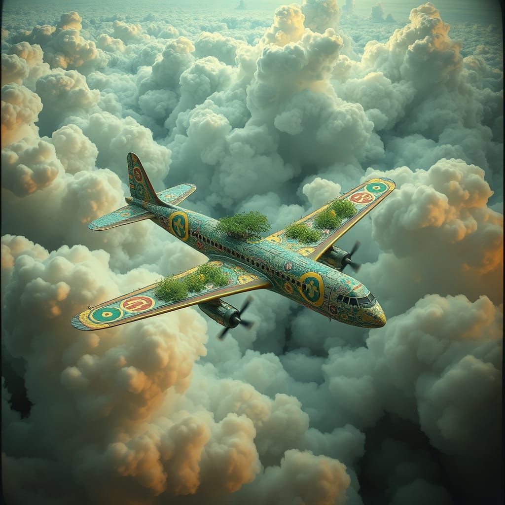 Hydroponic Airplane Soaring Through Clouds in Surreal Style
