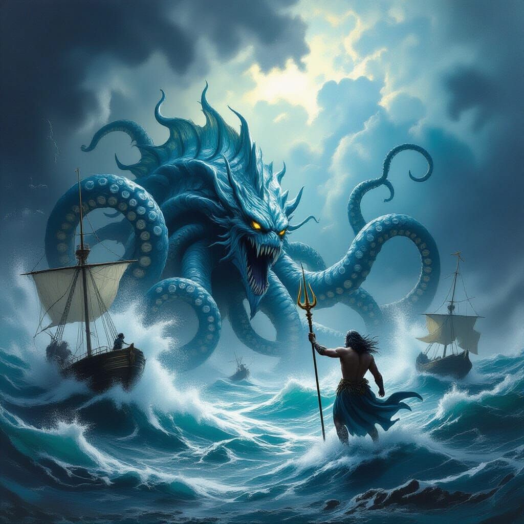Sea God Glaucus Fights Charybdis Whirlpool Monster