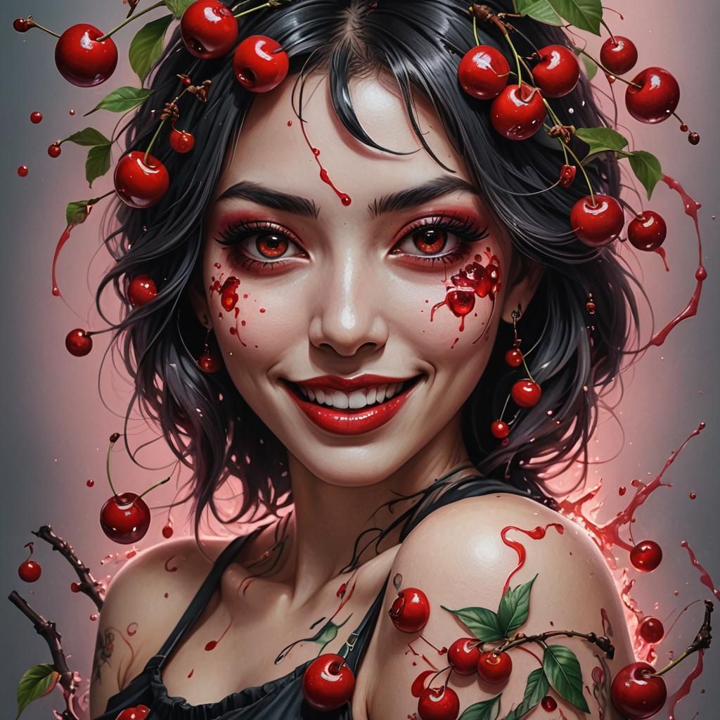 Cherry Tattoo Girl Portrait in Hyperrealistic Style