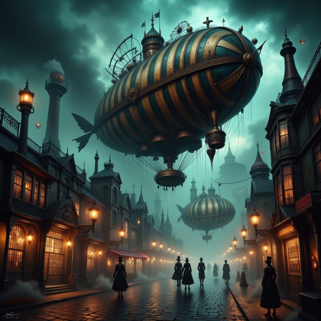 Steampunk Airship Over Eerie Cityscape with Circus Noir Atmo...