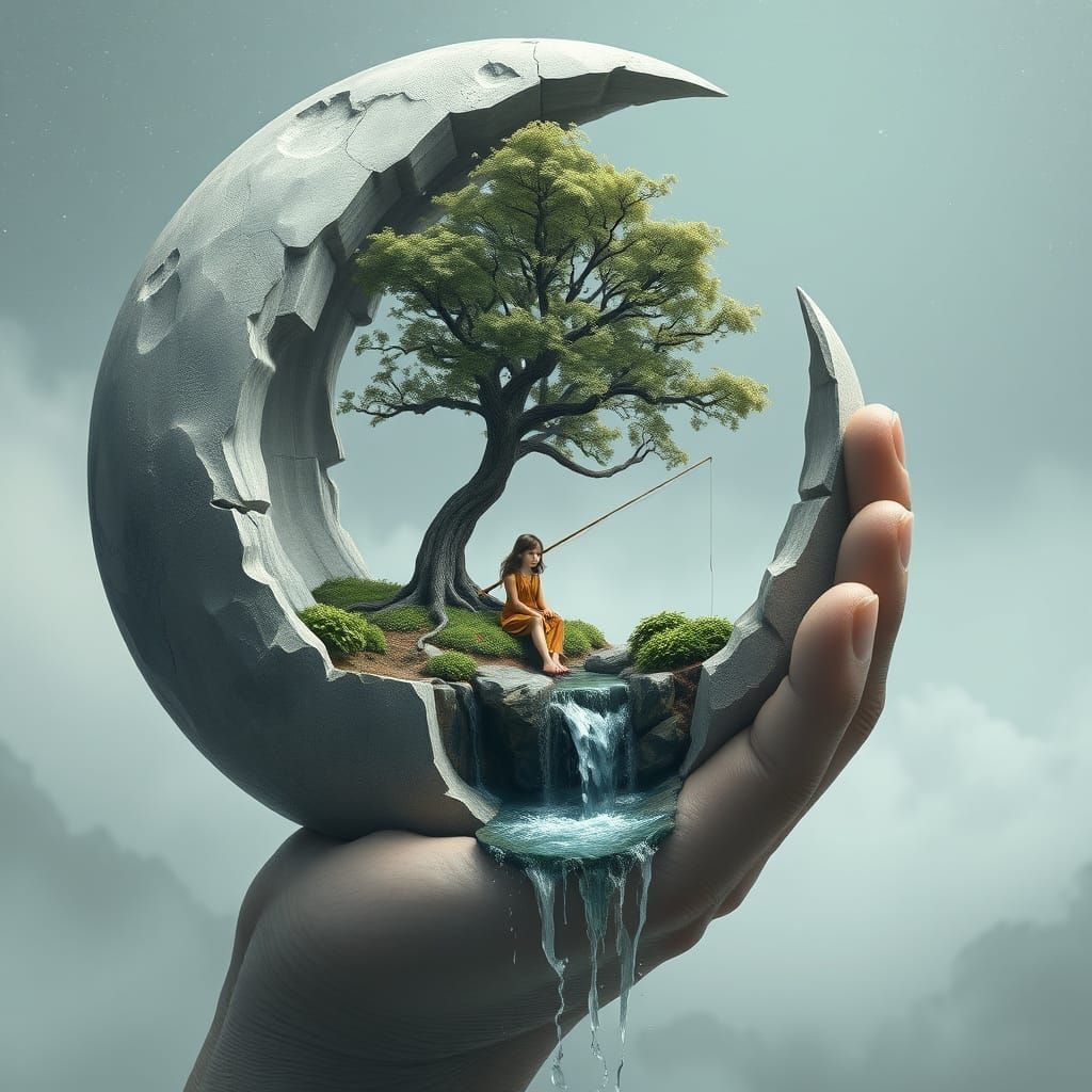 Giant Hand Cradles Moon with Ecosystem