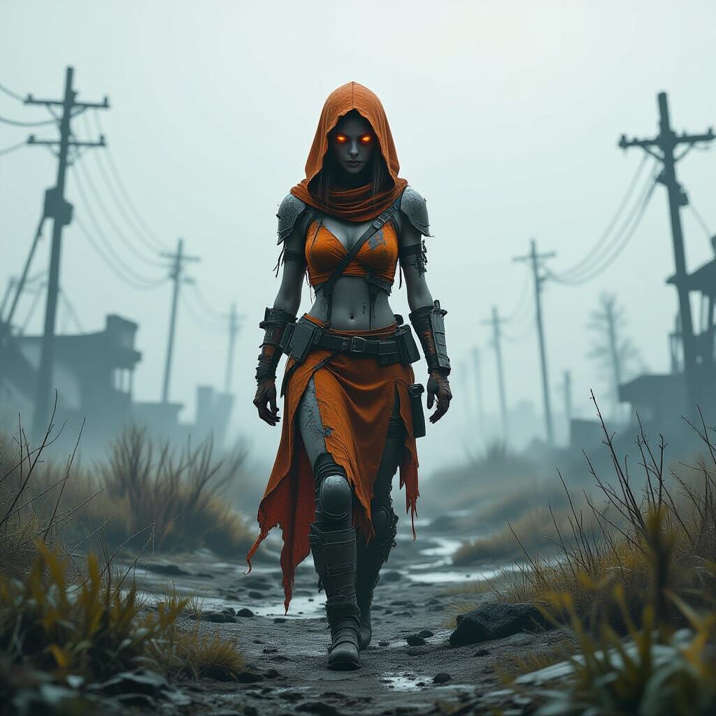 Energy Being Woman Wanders Desolate Overgrown Landscape