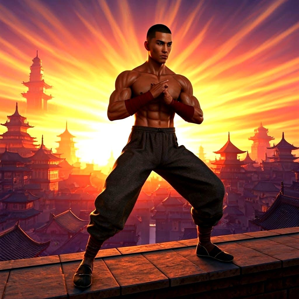 Warrior Monk in Fantasy City, Abstract Art