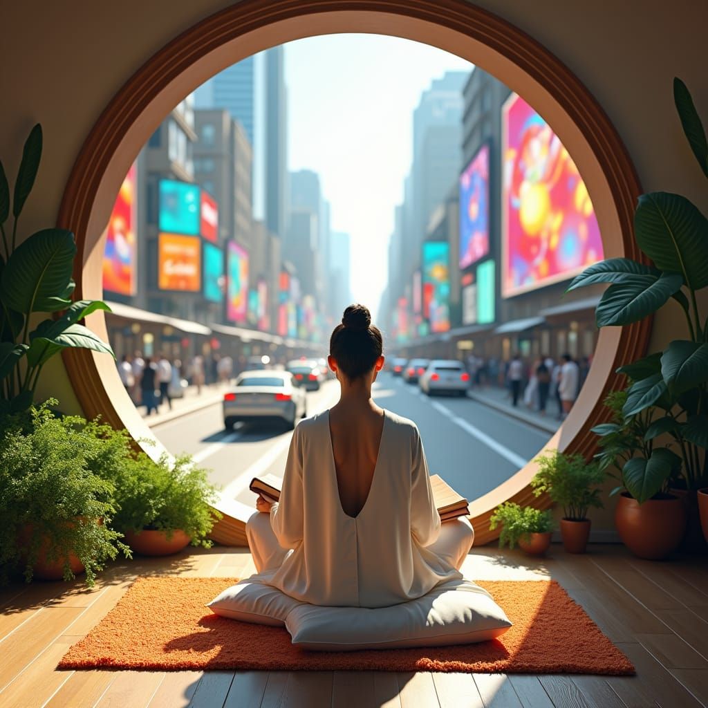 Serene Meditation Amidst Urban Chaos: Dreamlike Fantasy Art