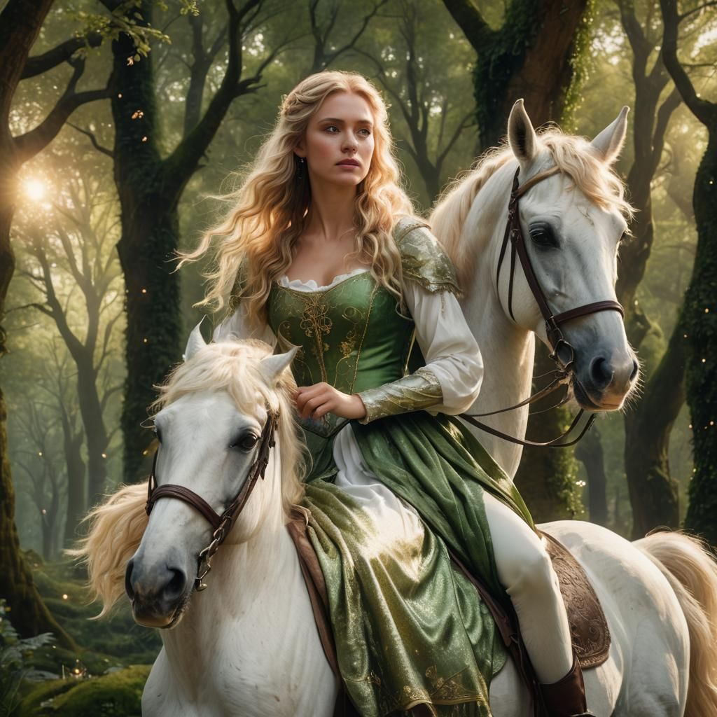 Woman on Horse in Enchanted Forest: Digital Art