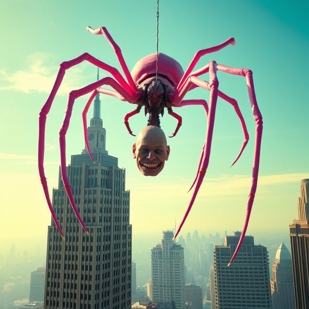 Gargantuan Spider and Macabre Head in Cityscape