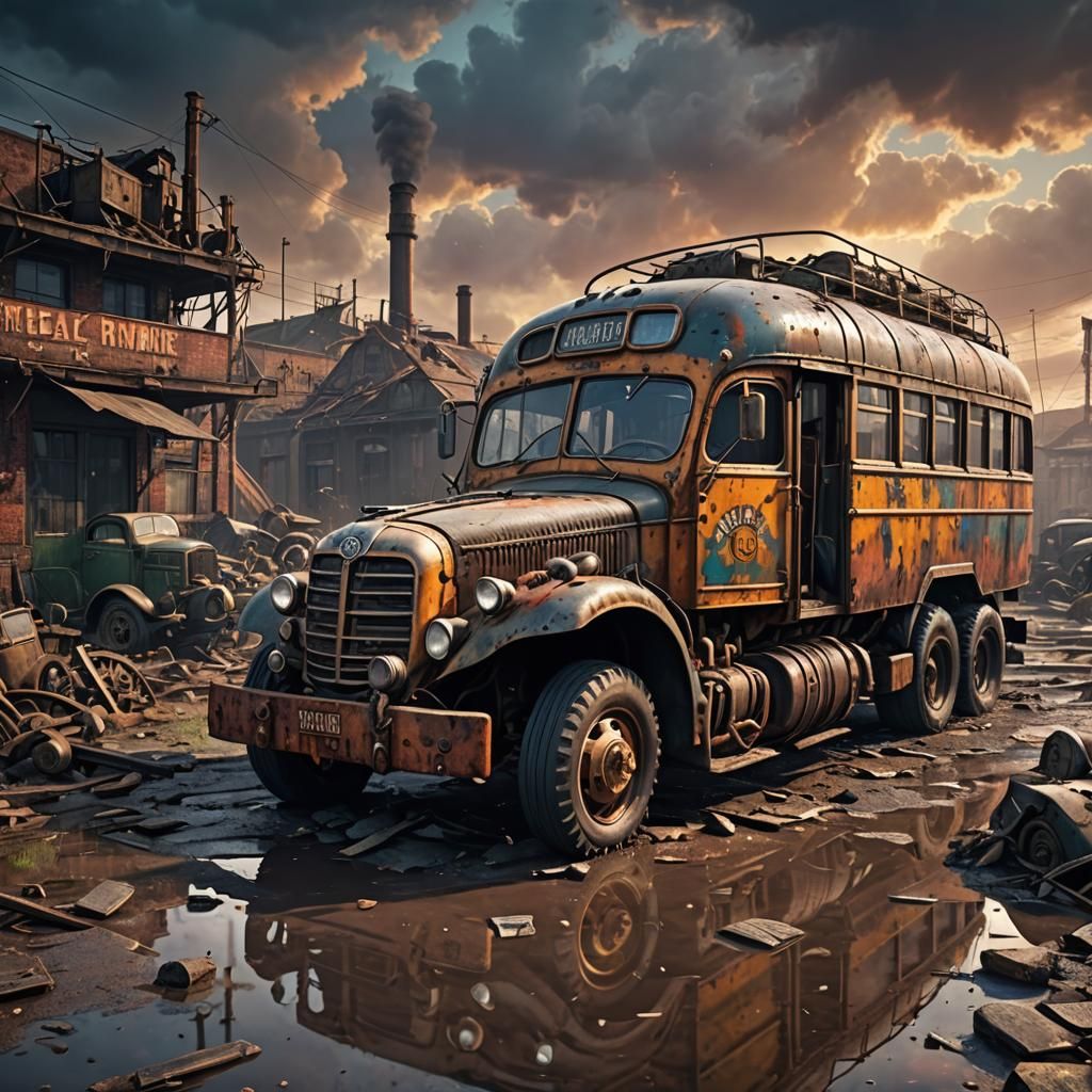 Dieselpunk Bus in Post-Apocalyptic Wasteland, 1940s