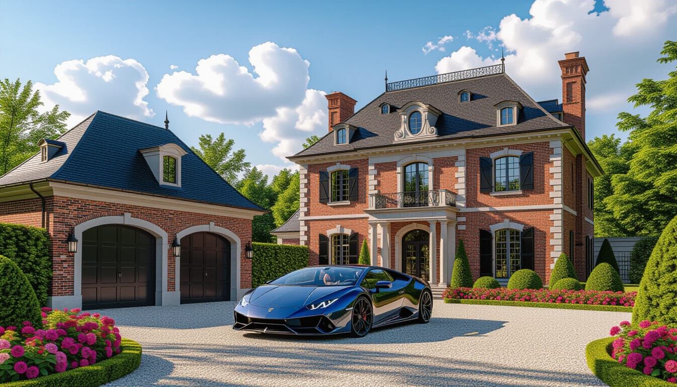 Elegant Chateau and Lamborghini in Golden Hour Light