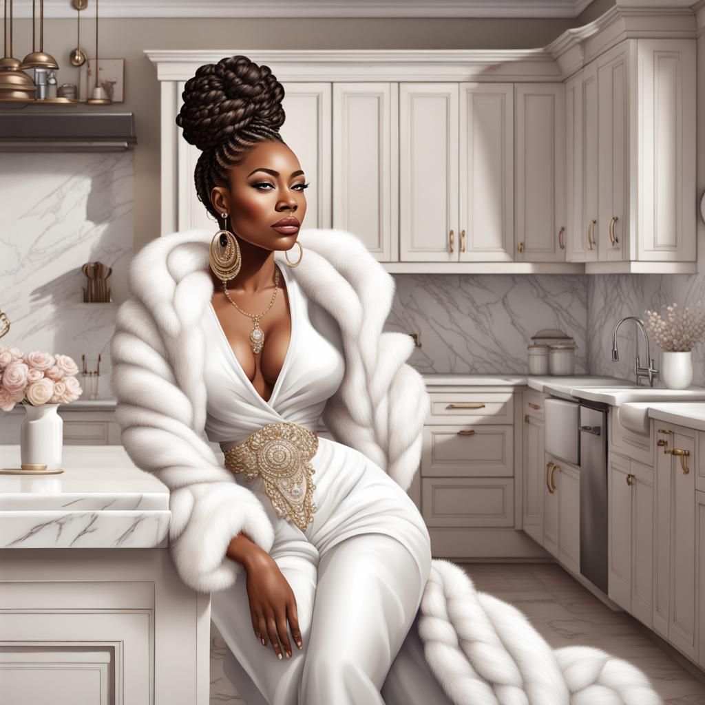 Elegant Woman with Martini in Ultra-Realistic Kitchen