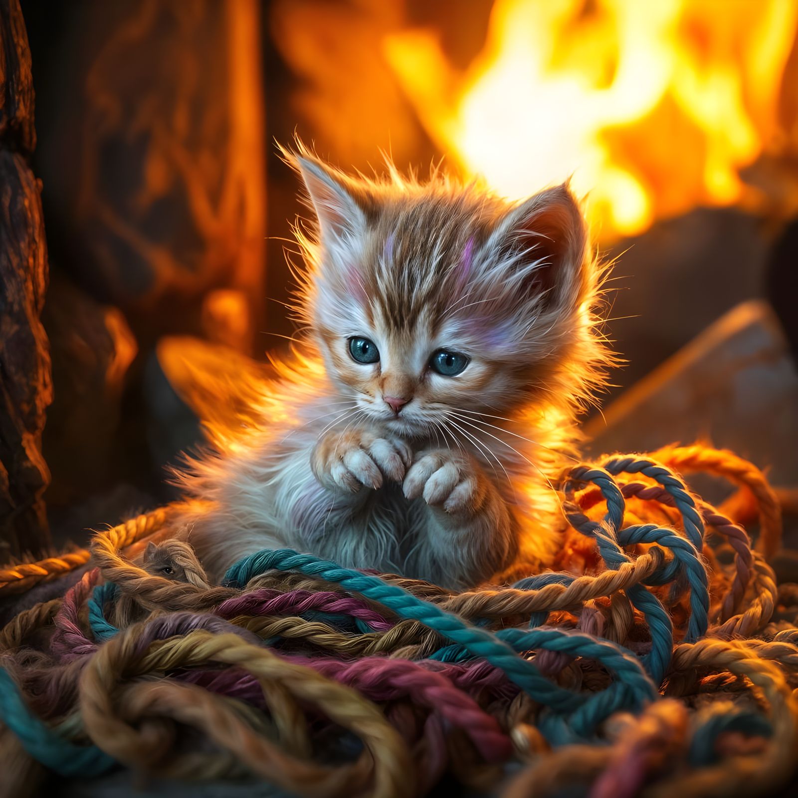 Whimsical Kitten Enchanted by Rainbow Yarn and Firelight