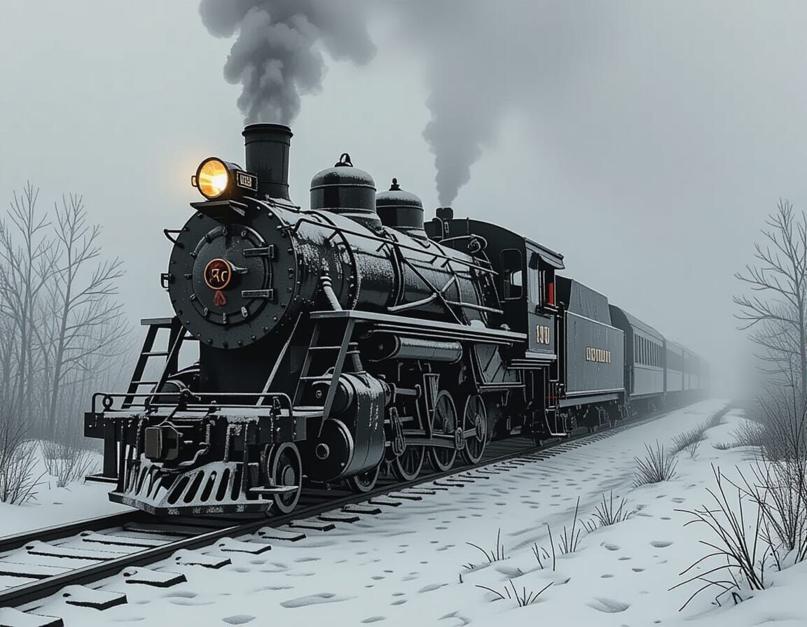 Abandoned Locomotive in Winter Fog, Gothic Horror Style