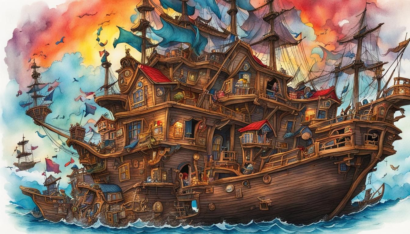 Whimsical Pirate Storybook in Colorful Ink Drawing