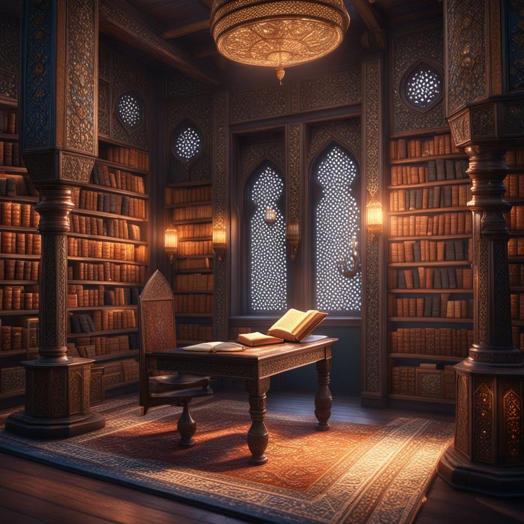 Intricate Islamic Reading Room, Detailed Matte Painting