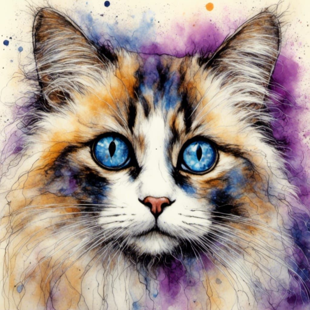 Ragdoll Cat with Blue Eyes in Neon Grunge Style