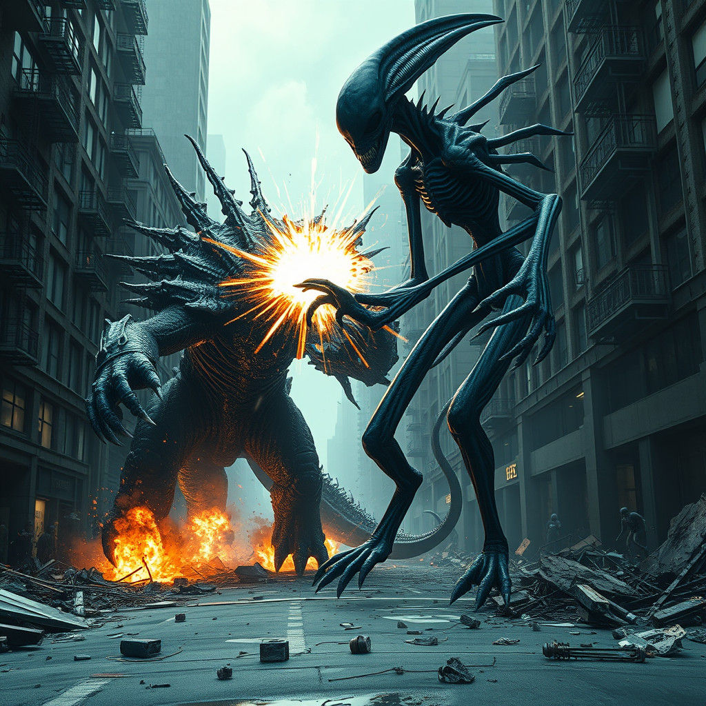 Monster and Alien Clash in Ruined City