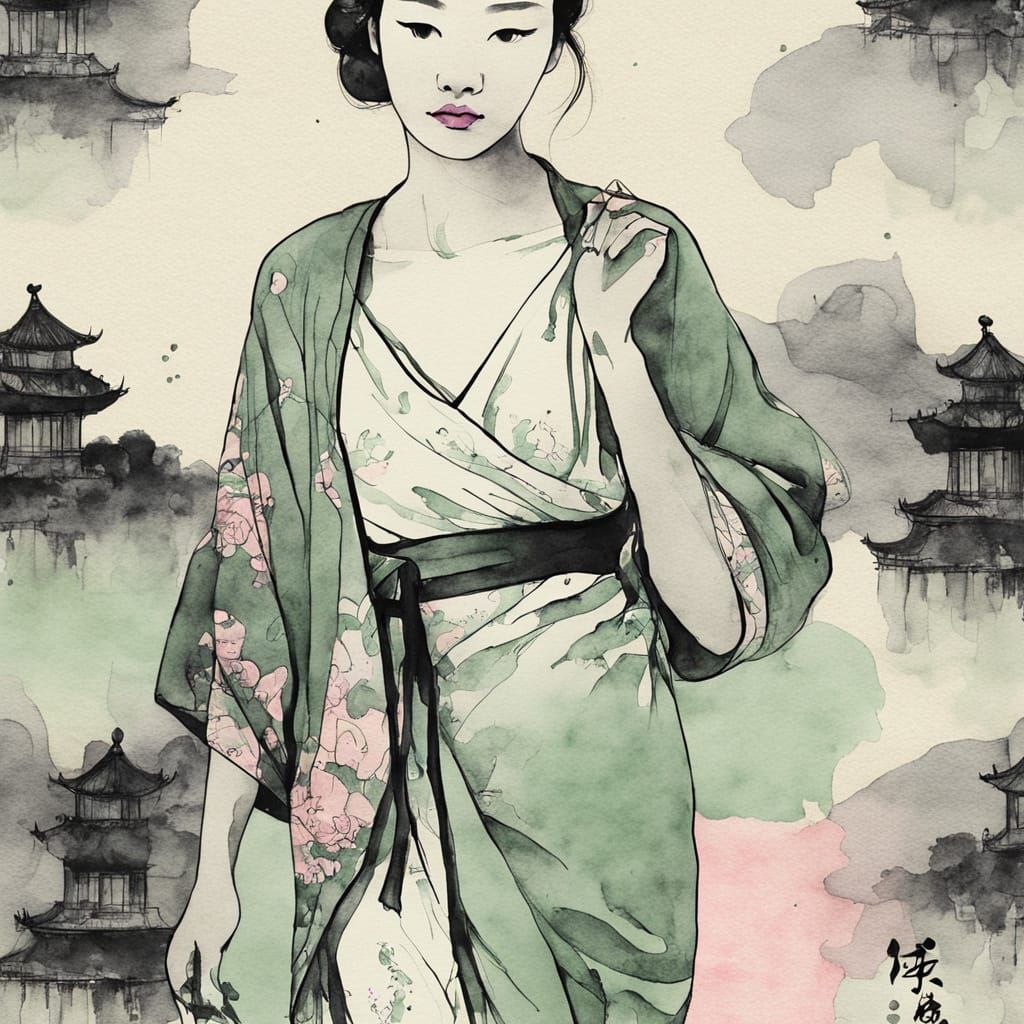 Elegant Woman in Ink and Watercolor Style