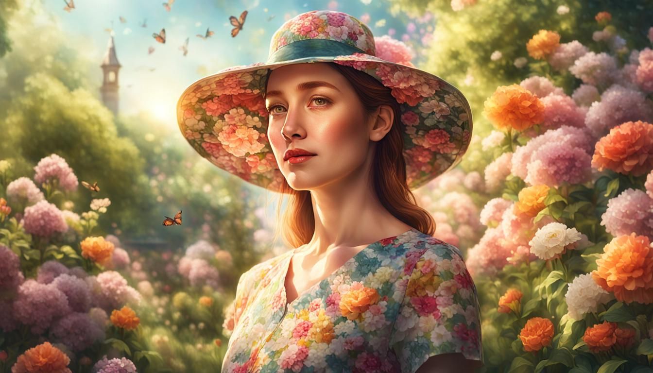 Woman in Floral Dress in Spring Garden