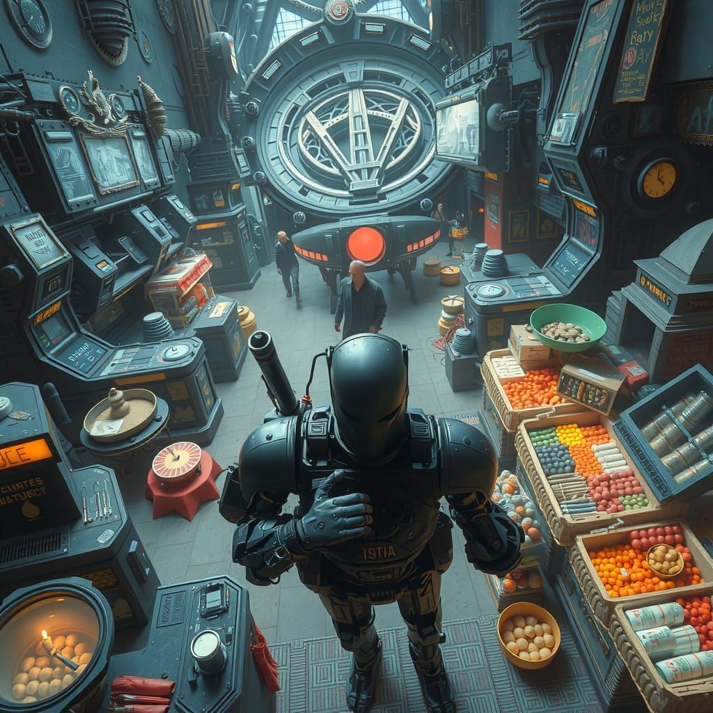 Photorealistic bird's-eye view of gargantuan interstellar market bazaar with cybernetic warrior. Surrealism mixed media....