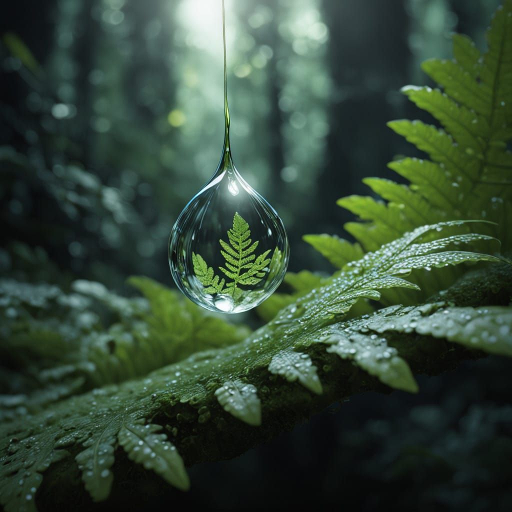 Surreal Jungle Microcosm in Water Droplet