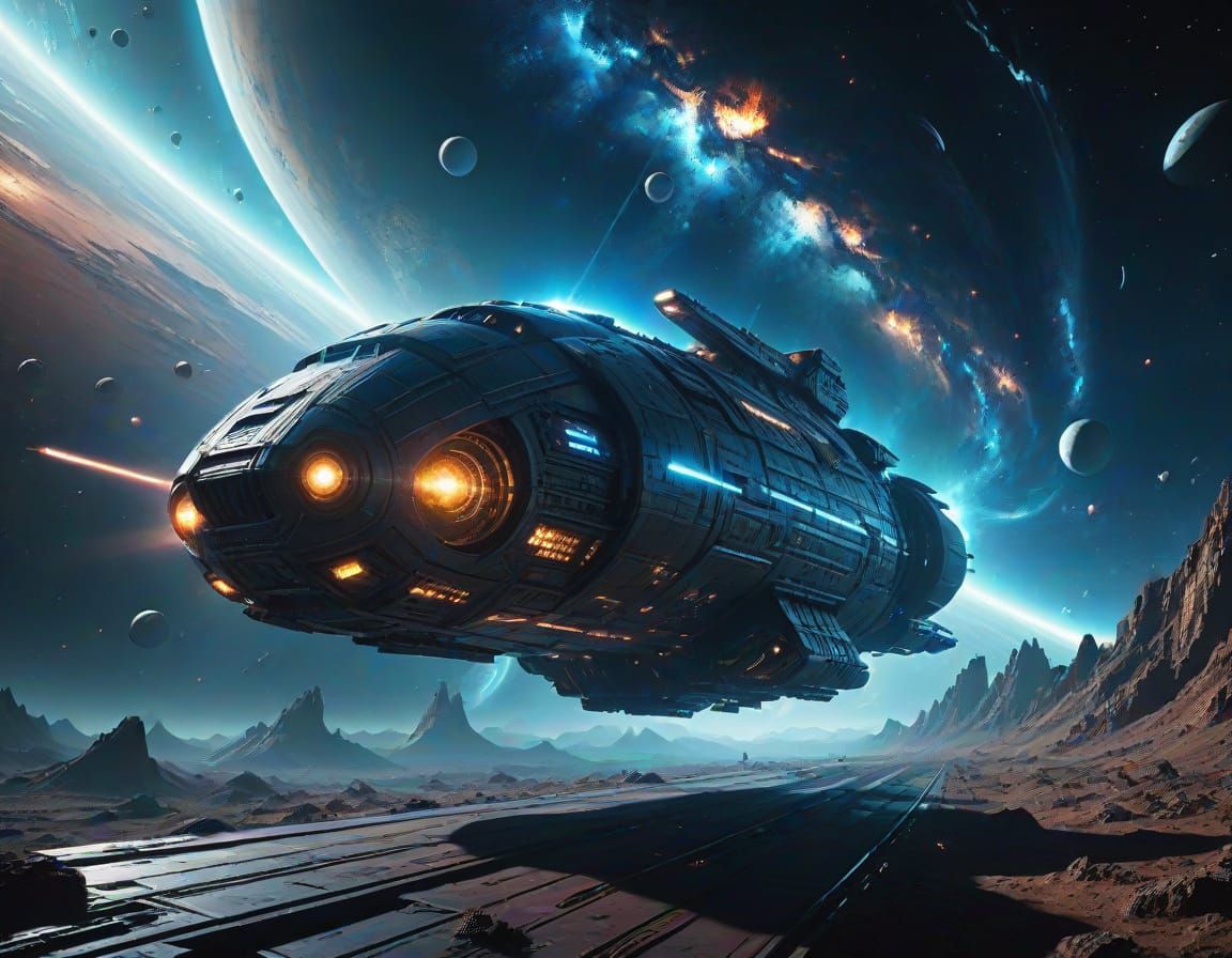 Cosmic Spaceship Emerges from Nebula in Epic Sci-Fi Scene