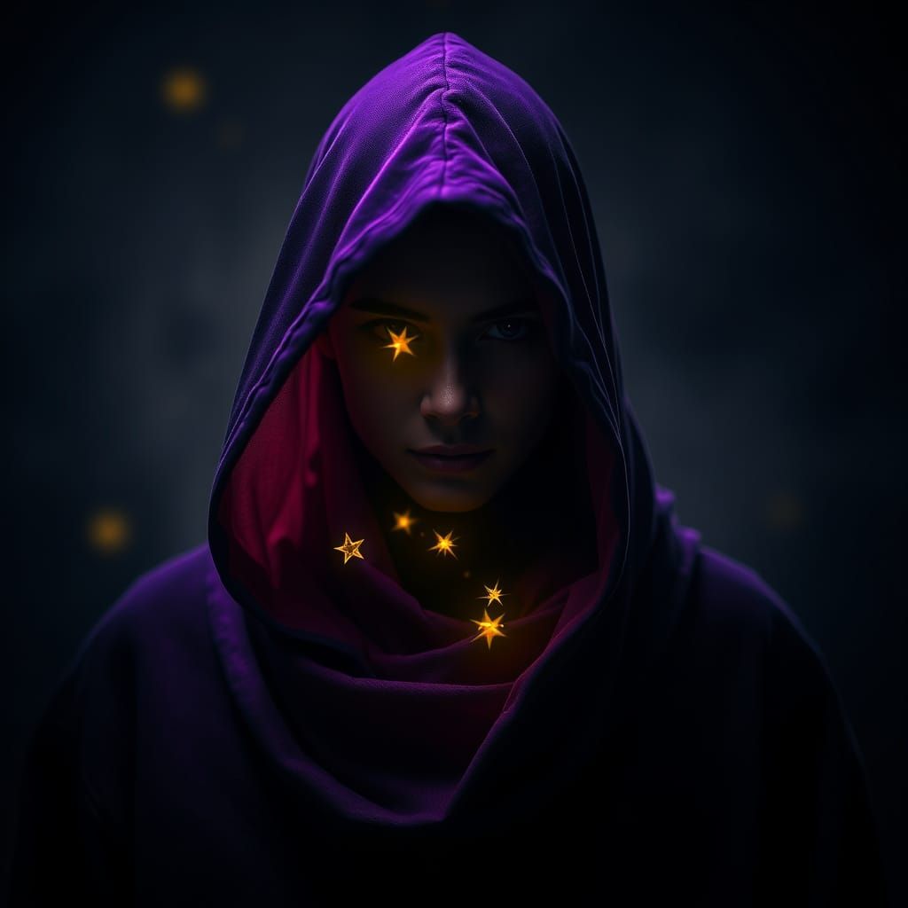 Mysterious Purple Figure with Starry Yellow Light