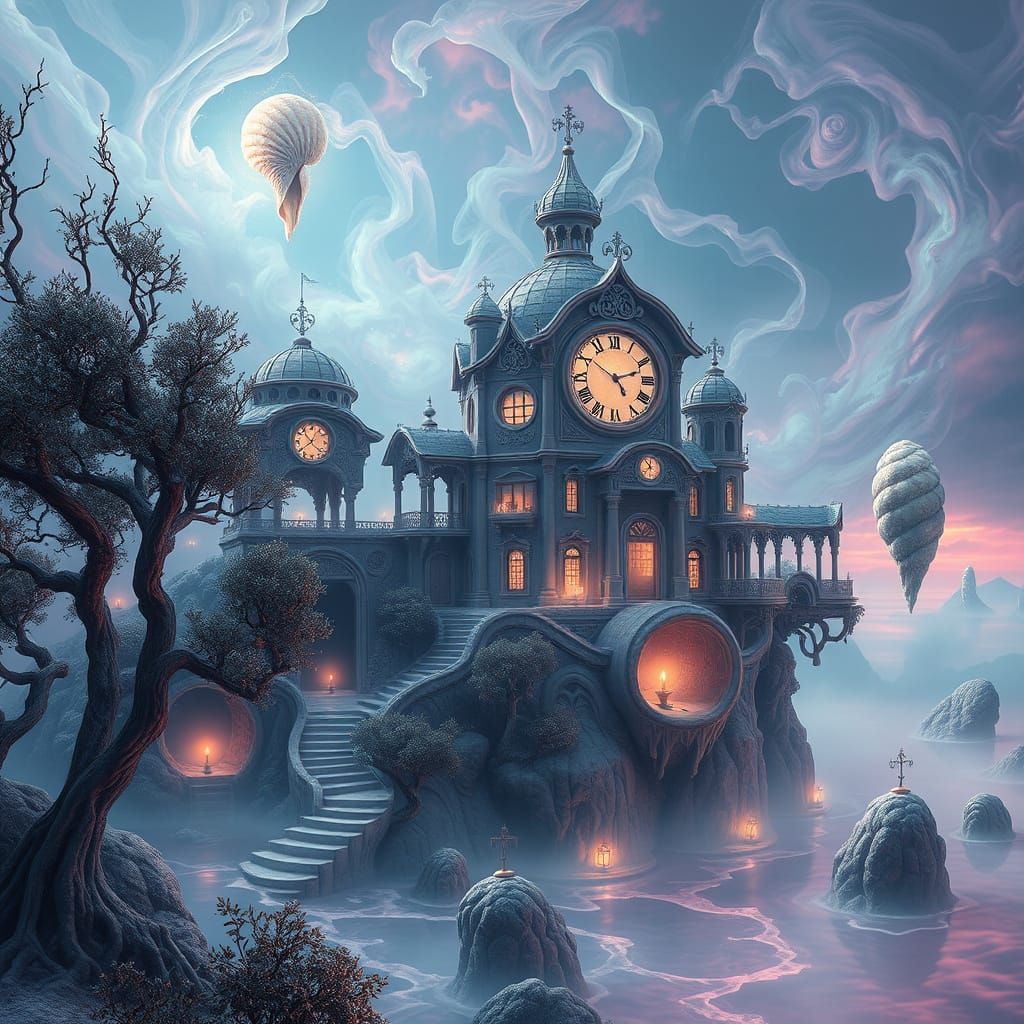 Dreamlike Aegean Islands with Melting Clocks and Glowing Hou...