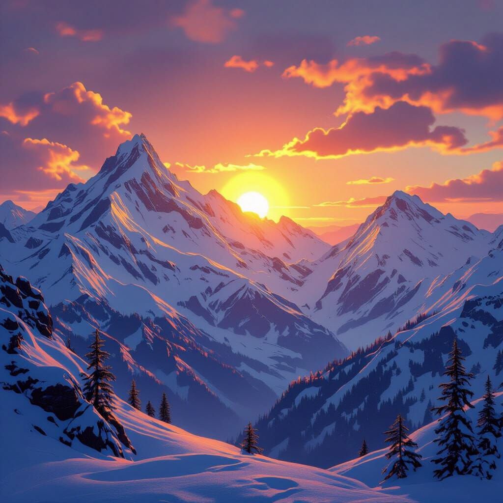 Dramatic Sunset Over Snow-Capped Mountains